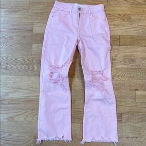 Pastel Pink Flare Distressed Jeans with Frayed Hem